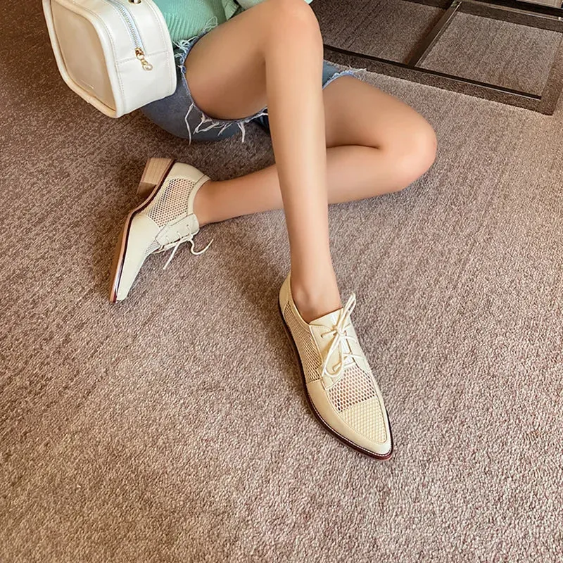 Net Cloth Oxfords Women Shoes Lace-Up Ladies Brogue Flat Derby Shoes Pointed Toe Lace-up Heels Lincoln Oxford