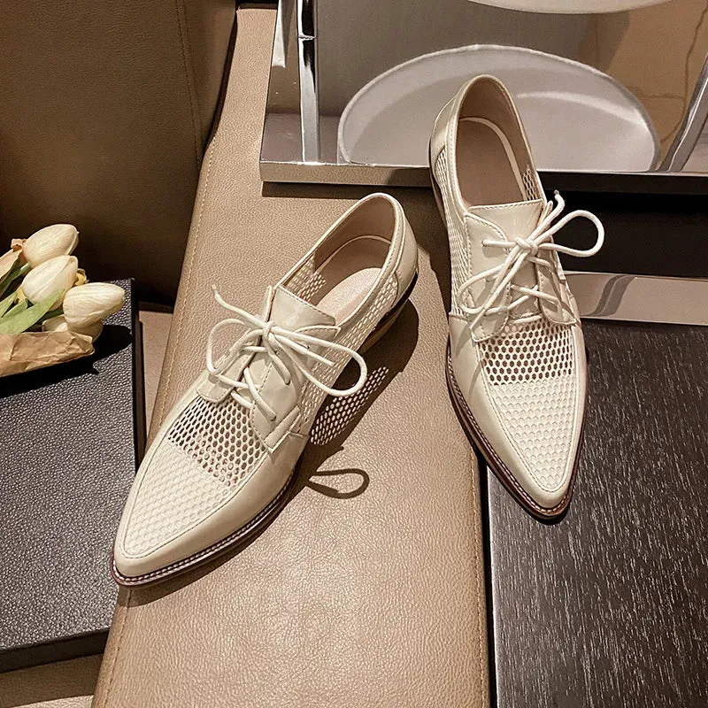 Net Cloth Oxfords Women Shoes Lace-Up Ladies Brogue Flat Derby Shoes Pointed Toe Lace-up Heels Olympic Stain Oxford Brown