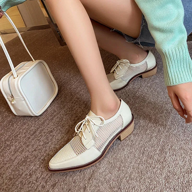 Oxfords For Wide Feet Net Cloth Oxfords Women Shoes Lace-Up Ladies Brogue Flat Derby Shoes Pointed Toe Lace-up Heels