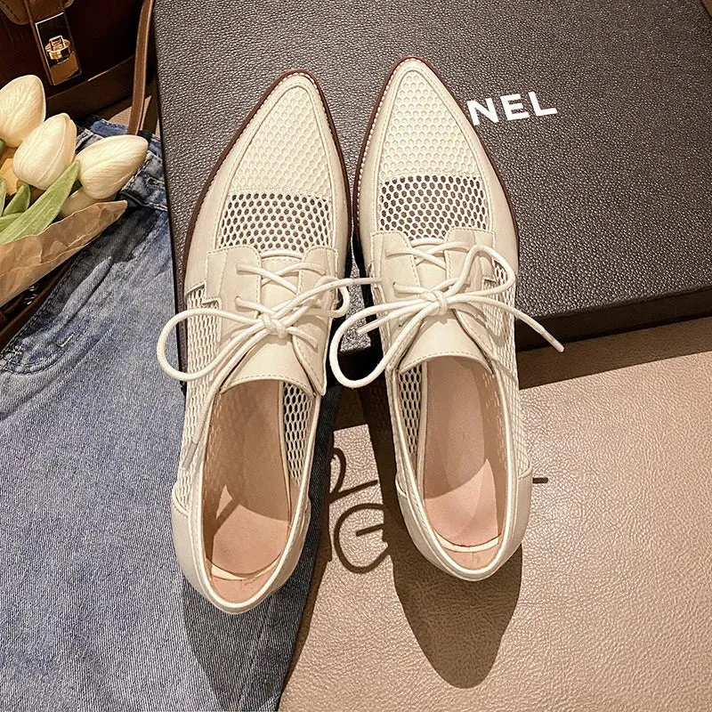 Net Cloth Oxfords Women Shoes Lace-Up Ladies Brogue Flat Derby Shoes Pointed Toe Lace-up Heels Alexander Mcqueen Oxfords