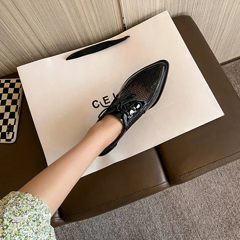 Net Cloth Oxfords Women Shoes Lace-Up Ladies Brogue Flat Derby Shoes Pointed Toe Lace-up Heels San Jose Oxford