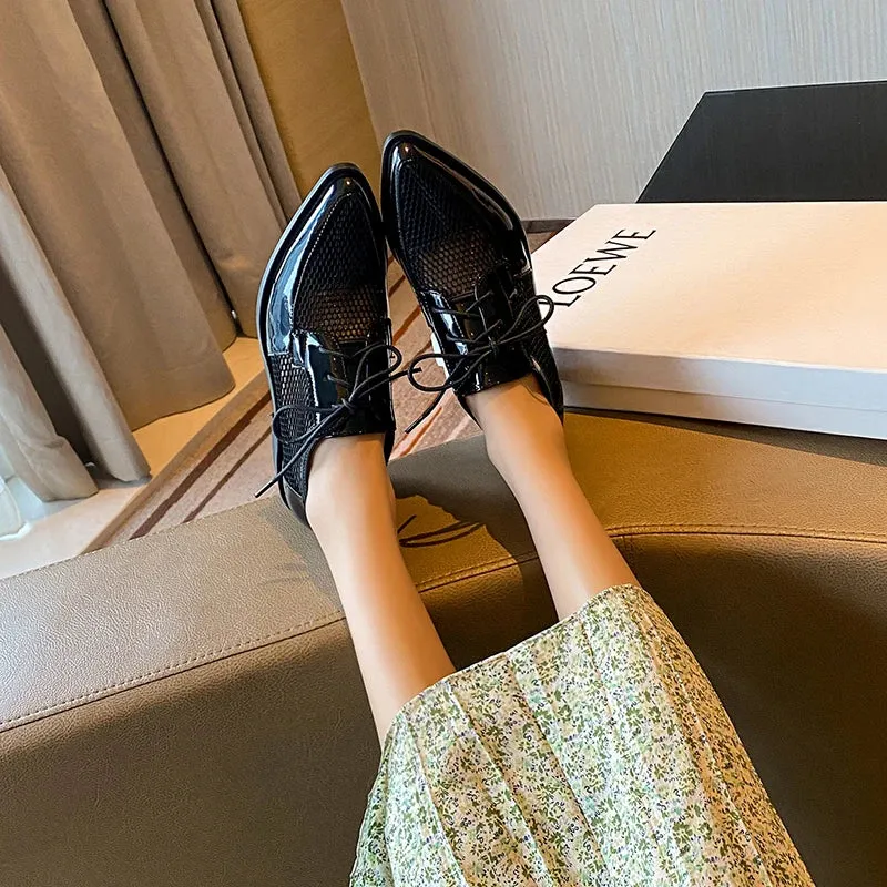 Oxfords With Sneaker Soles Net Cloth Oxfords Women Shoes Lace-Up Ladies Brogue Flat Derby Shoes Pointed Toe Lace-up Heels