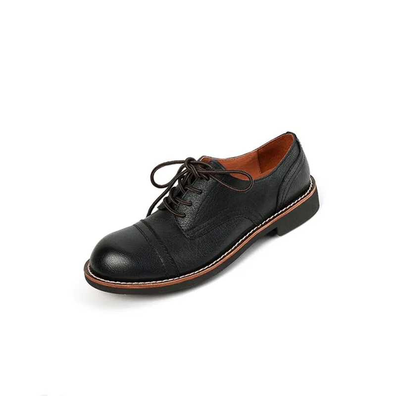 Concourse Oxfords Retro Round Toe Oxfords Lace Up Leather Derby Shoes for Women in Black/Brown