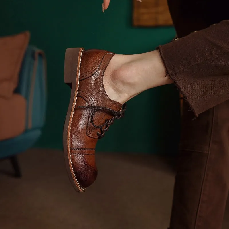 Synchro Oxford Dress Sneakers Retro Round Toe Oxfords Lace Up Leather Derby Shoes for Women in Black/Brown