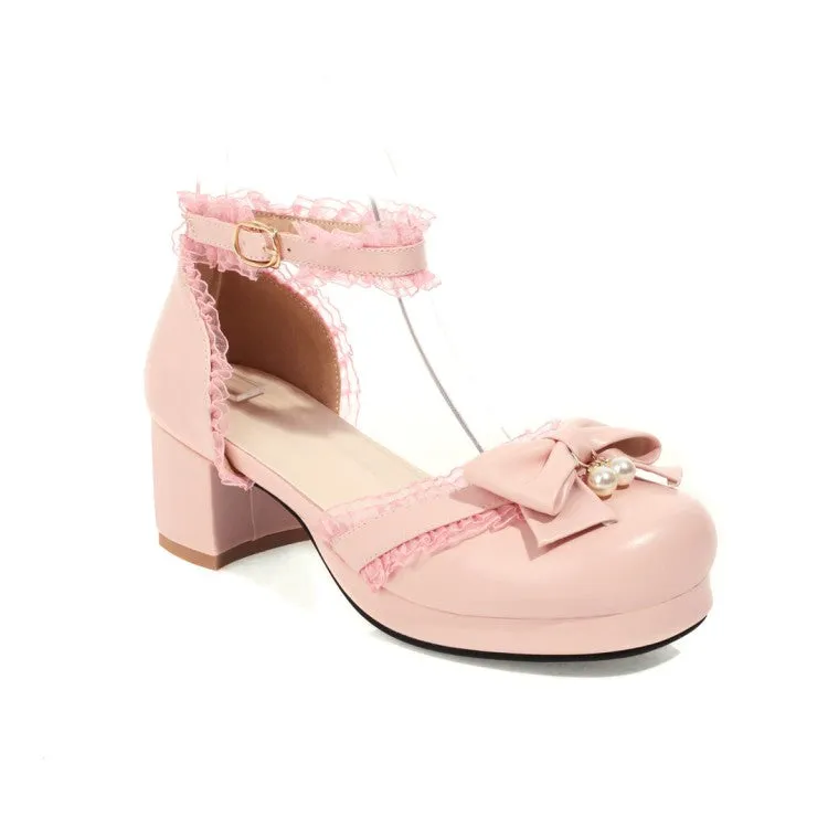 Ultralight Sandals Women's Lolita Round Toe Butterfly Knot Lace Hollow Out Low Block Heels Sandals