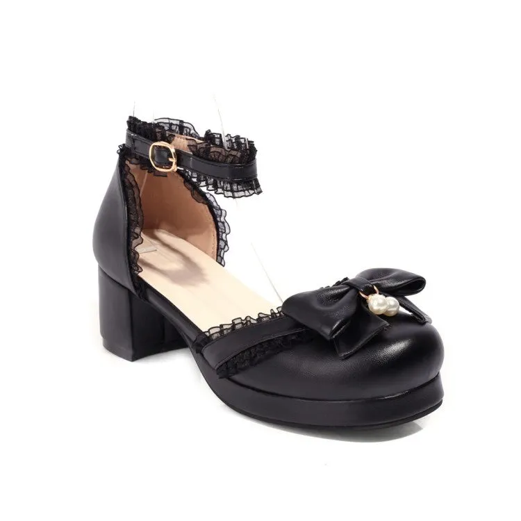 Infant Sandals Women's Lolita Round Toe Butterfly Knot Lace Hollow Out Low Block Heels Sandals