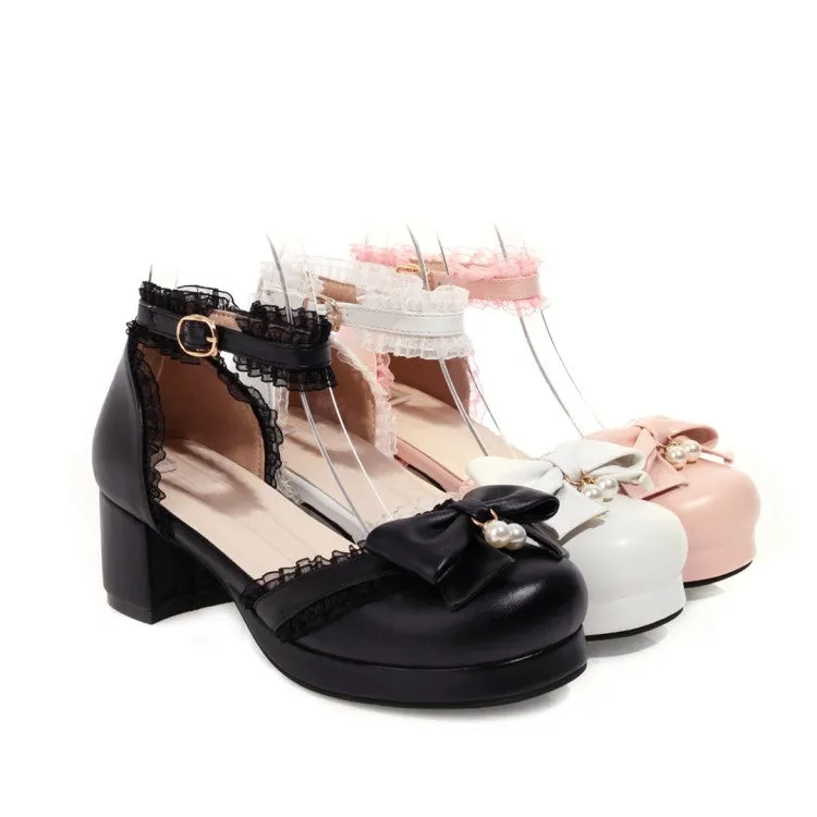 Women's Lolita Round Toe Butterfly Knot Lace Hollow Out Low Block Heels Sandals South Coast Sandals