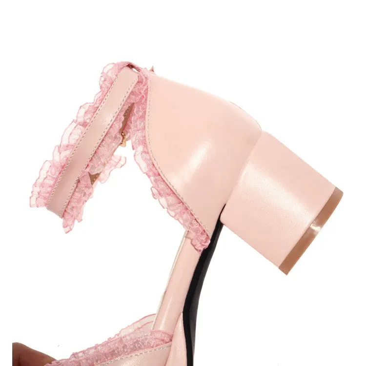 Wedge Heel Sandals Women's Lolita Round Toe Butterfly Knot Lace Hollow Out Low Block Heels Sandals