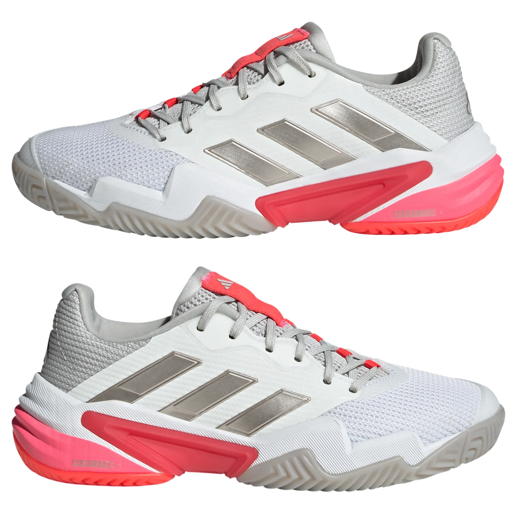 Adidas Barricade 13 Womens Tennis Shoes - Cloud White/Champagne Met. /Lucid Red Adidas Stripe Shoes