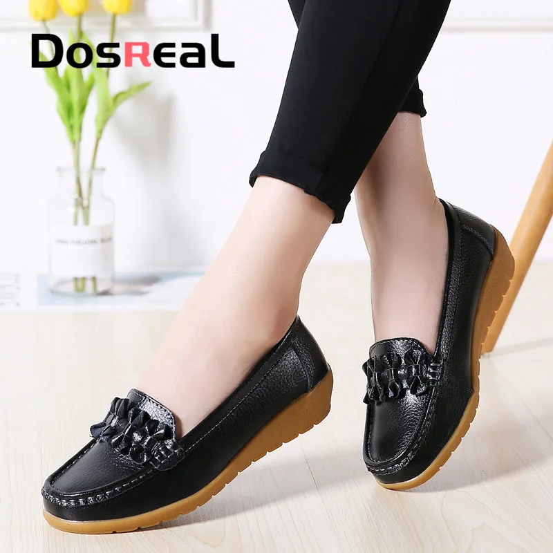 Dosreal Women Black Loafers Shoes New Genuine Leather Flats Shoes For Female Slip-On Womens Simple F Louboutin Spiked Loafers