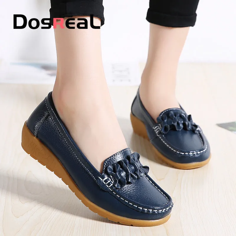 Dosreal Women Black Loafers Shoes New Genuine Leather Flats Shoes For Female Slip-On Womens Simple F Panty Loafers
