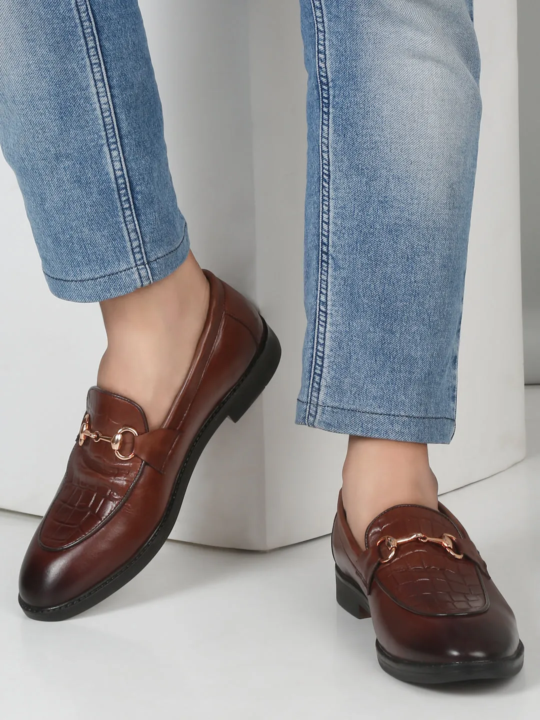 Soda Loafers Men's Brown Croco Texture Leather Loafers