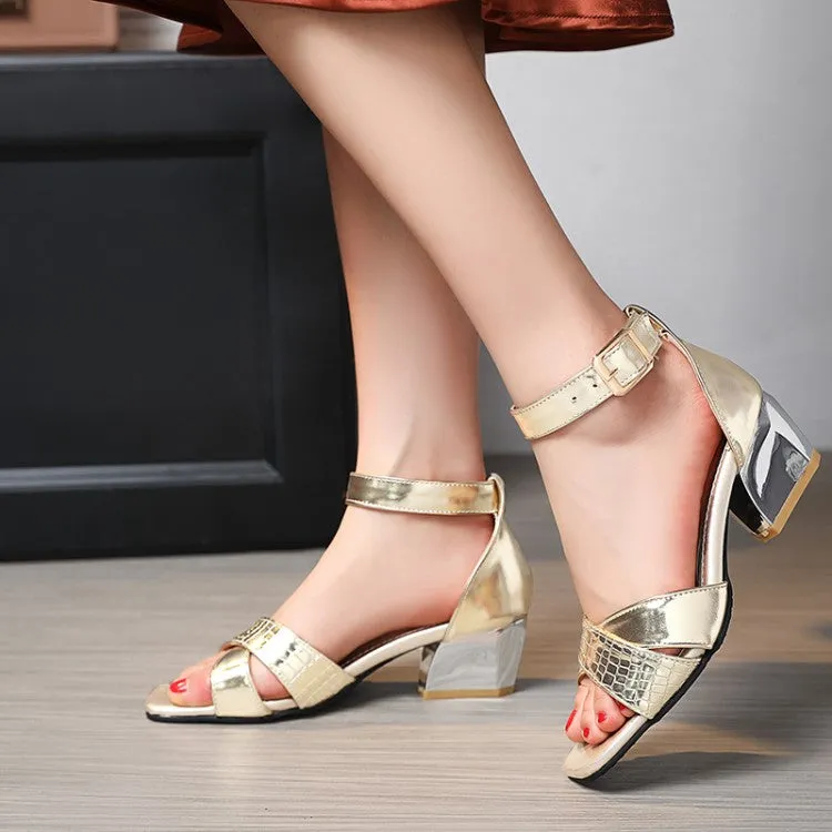 Sandals South Coast Women's Snake Print Ankle Strap Buckle Square Toe Chunky Medium Heel Sandals