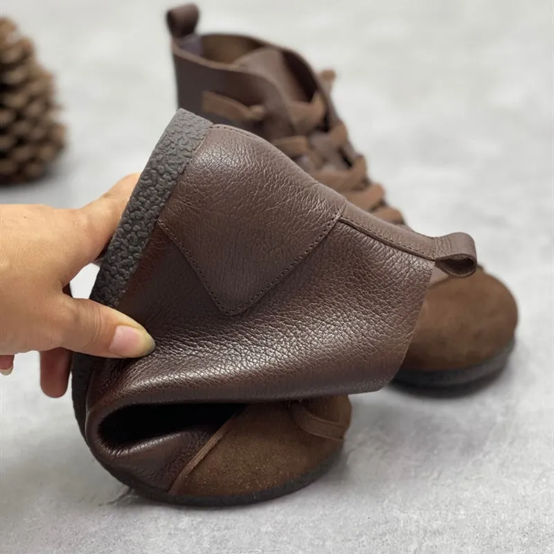 Types Of Oxford Shoes Zero Drop Genuine Leather Soft Barefoot Boots For Women Round Toe Lace Up Mori Girl Style Ankle Boots Wide Fit Black/Coffee