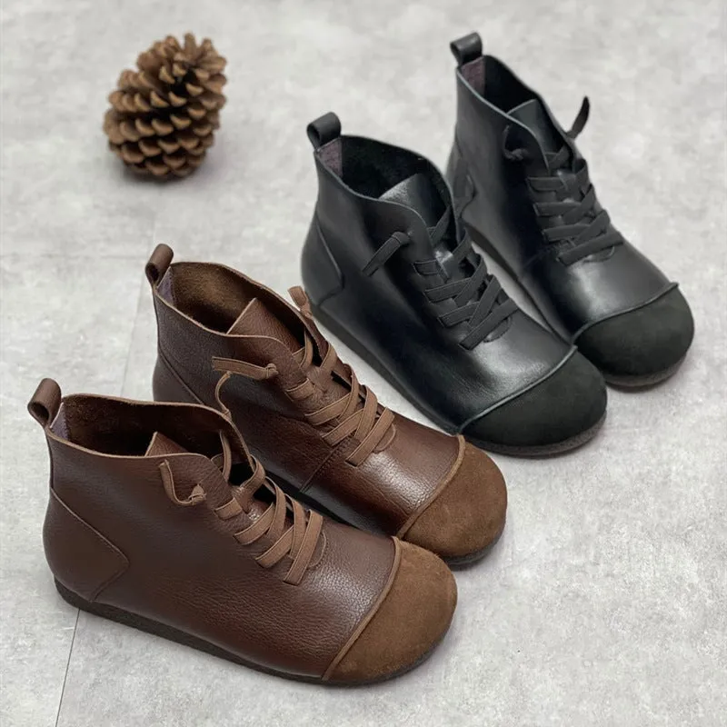 Zero Drop Genuine Leather Soft Barefoot Boots For Women Round Toe Lace Up Mori Girl Style Ankle Boots Wide Fit Black/Coffee Zapato Oxford