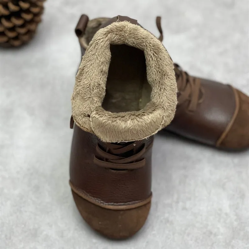 Vintage Saddle Oxfords Zero Drop Genuine Leather Soft Barefoot Boots For Women Round Toe Lace Up Mori Girl Style Ankle Boots Wide Fit Black/Coffee