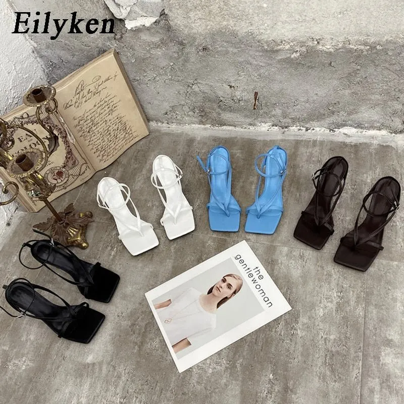 Eilyken New Fashion Pinch Narrow Band Women Sandals 2023 Summer Square Open Toe Ankle Buckle Strap High Heels Ladies Shoes Runners Flip Flops