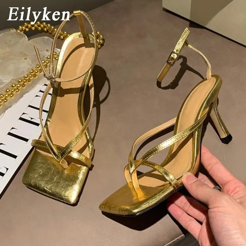Total Arch Support Flip Flops Eilyken New Fashion Pinch Narrow Band Women Sandals 2023 Summer Square Open Toe Ankle Buckle Strap High Heels Ladies Shoes