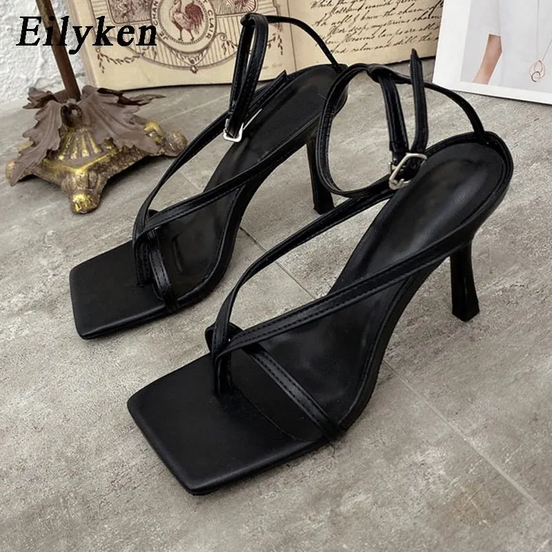 Mother Of The Groom Flip Flops Eilyken New Fashion Pinch Narrow Band Women Sandals 2023 Summer Square Open Toe Ankle Buckle Strap High Heels Ladies Shoes