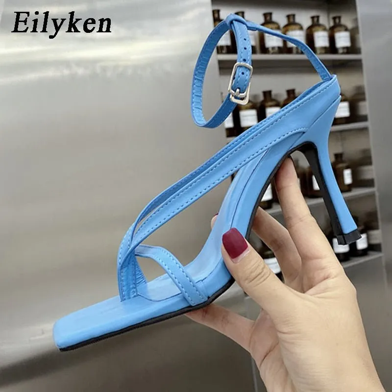 Eilyken New Fashion Pinch Narrow Band Women Sandals 2023 Summer Square Open Toe Ankle Buckle Strap High Heels Ladies Shoes Hiking In Flip Flops