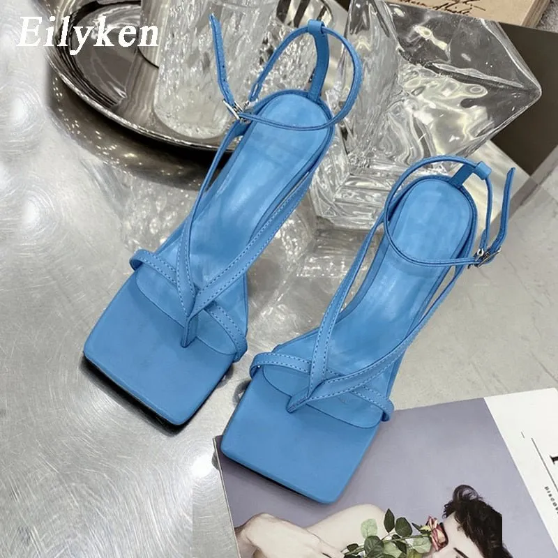 Eilyken New Fashion Pinch Narrow Band Women Sandals 2023 Summer Square Open Toe Ankle Buckle Strap High Heels Ladies Shoes Best Material For Flip Flops