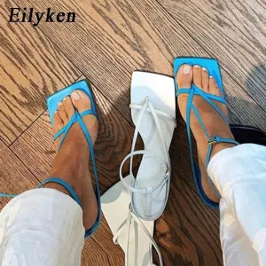 Eilyken New Fashion Pinch Narrow Band Women Sandals 2023 Summer Square Open Toe Ankle Buckle Strap High Heels Ladies Shoes Comfy Flip Flops