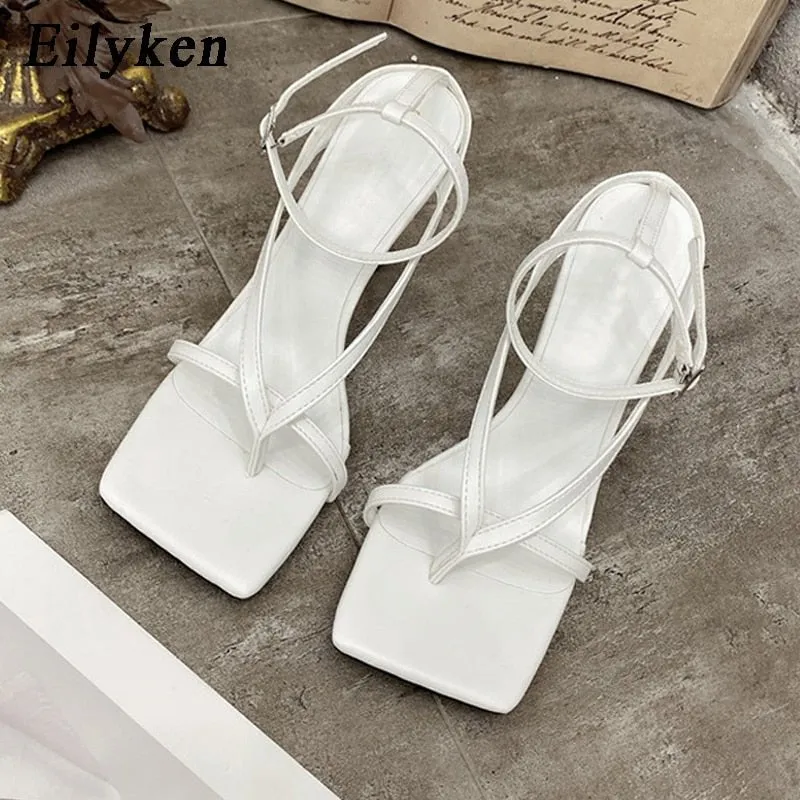 Flip Flops With Small Heel Eilyken New Fashion Pinch Narrow Band Women Sandals 2023 Summer Square Open Toe Ankle Buckle Strap High Heels Ladies Shoes
