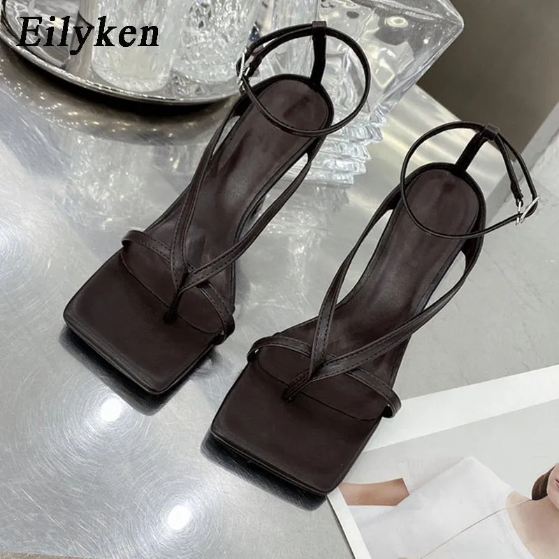 Eilyken New Fashion Pinch Narrow Band Women Sandals 2023 Summer Square Open Toe Ankle Buckle Strap High Heels Ladies Shoes Trekking Flip Flops
