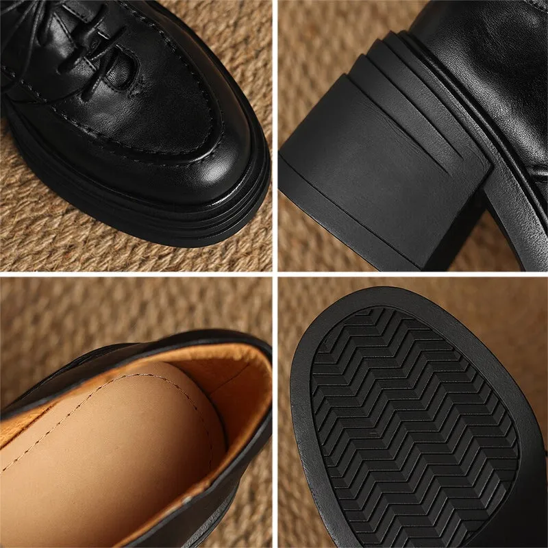 Zerøgrand Laser Wingtip Oxford Women Round Toe Lace Up Leather Chunky Derby Shoes 70mm Block Heel in Brown/Black