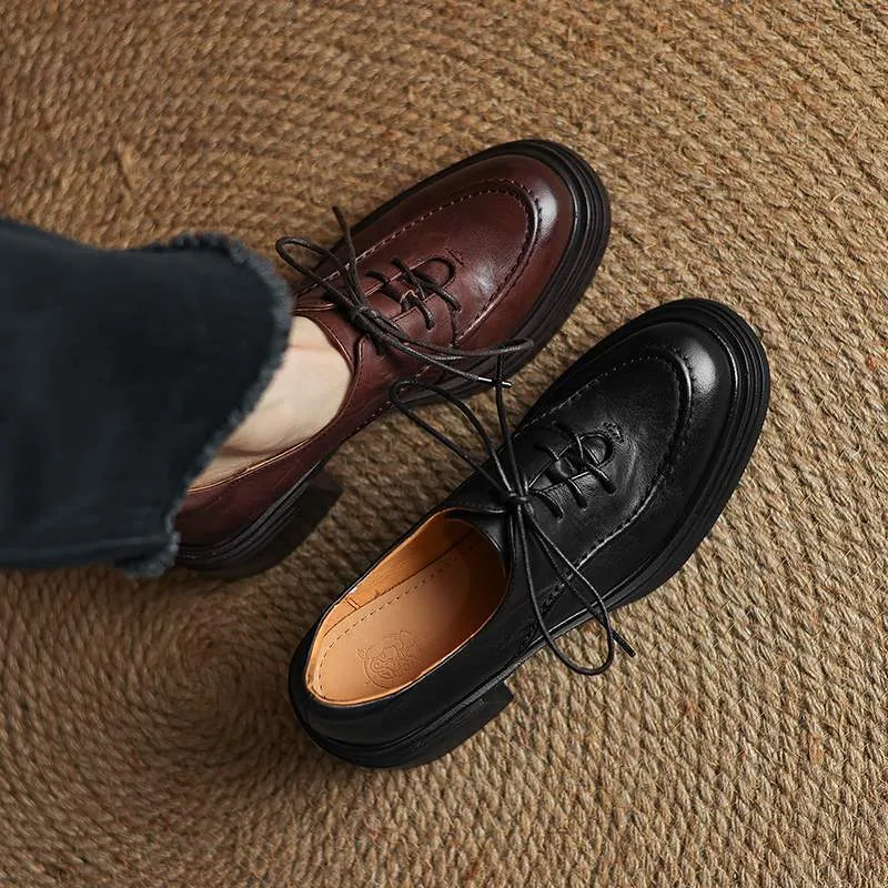 Women Round Toe Lace Up Leather Chunky Derby Shoes 70mm Block Heel in Brown/Black Oxford Vs Brogue