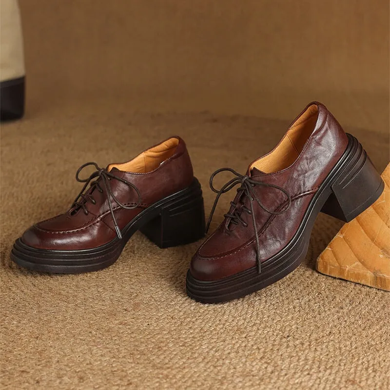 Women Round Toe Lace Up Leather Chunky Derby Shoes 70mm Block Heel in Brown/Black 1461 Bex Crazy Horse Leather Shoes