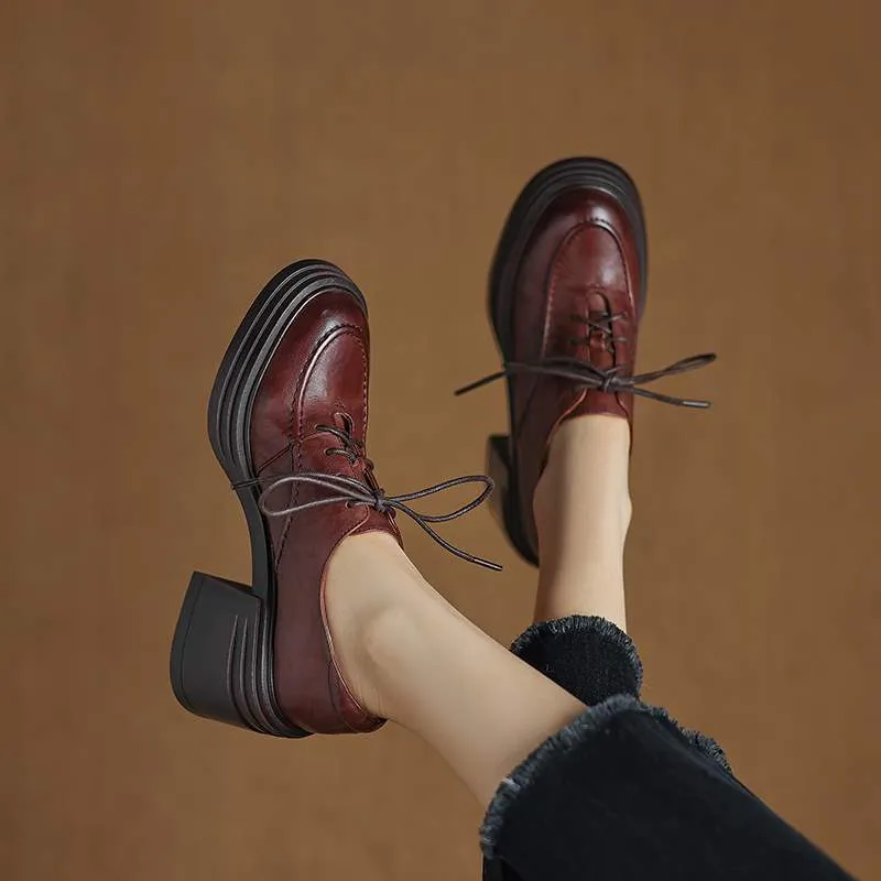 Women Round Toe Lace Up Leather Chunky Derby Shoes 70mm Block Heel in Brown/Black Alegria Oxfords