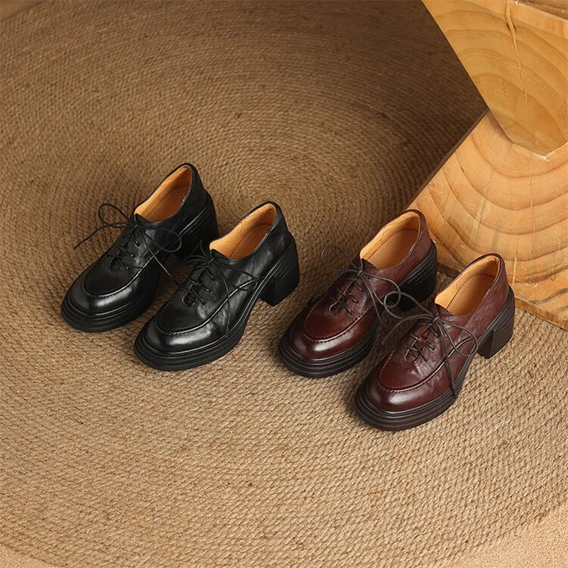 Florsheim Highland Canvas Plain Toe Oxfords Women Round Toe Lace Up Leather Chunky Derby Shoes 70mm Block Heel in Brown/Black