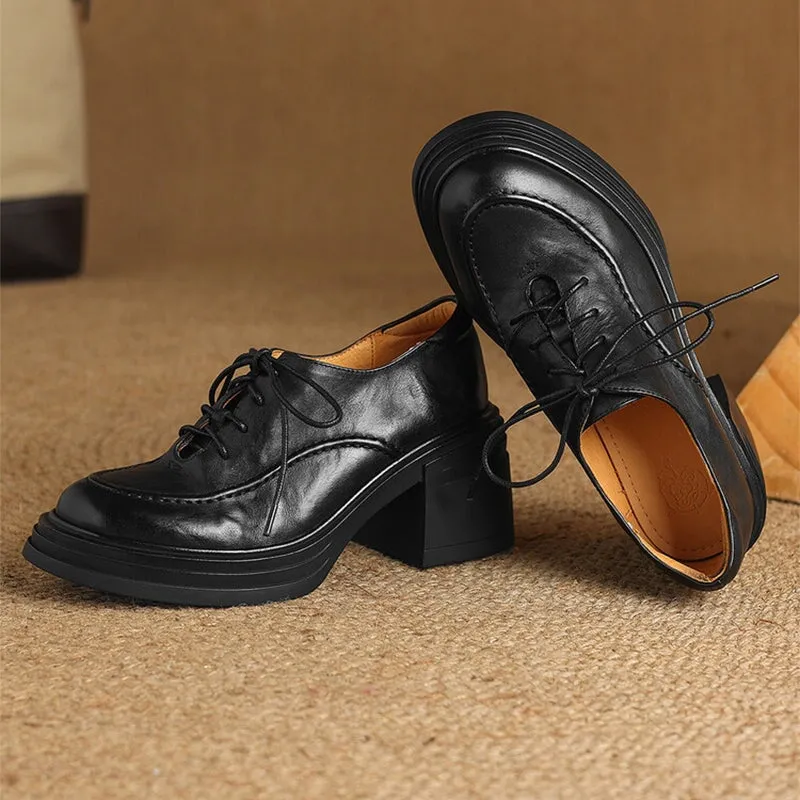 Patent Leather Oxford Shoes Women Round Toe Lace Up Leather Chunky Derby Shoes 70mm Block Heel in Brown/Black