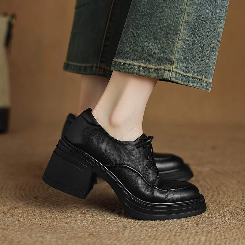 Platform Wedge Oxfords Women Round Toe Lace Up Leather Chunky Derby Shoes 70mm Block Heel in Brown/Black