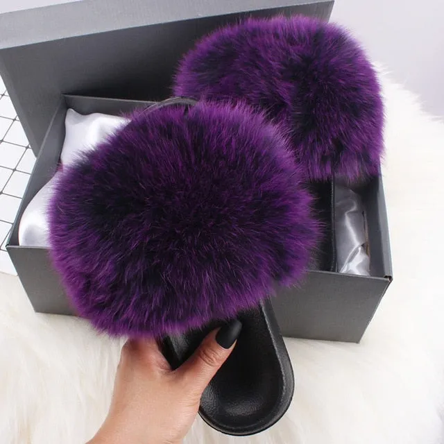 Shower Slippers ETHEL ANERSON Real Fox Raccoon Fur Slippers Women's Fur Slides NEW Flip Flops beach plush fluffy furry designer slippers sandal