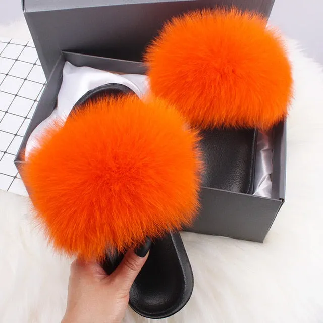 ETHEL ANERSON Real Fox Raccoon Fur Slippers Women's Fur Slides NEW Flip Flops beach plush fluffy furry designer slippers sandal Kappa 222 Banda Slides