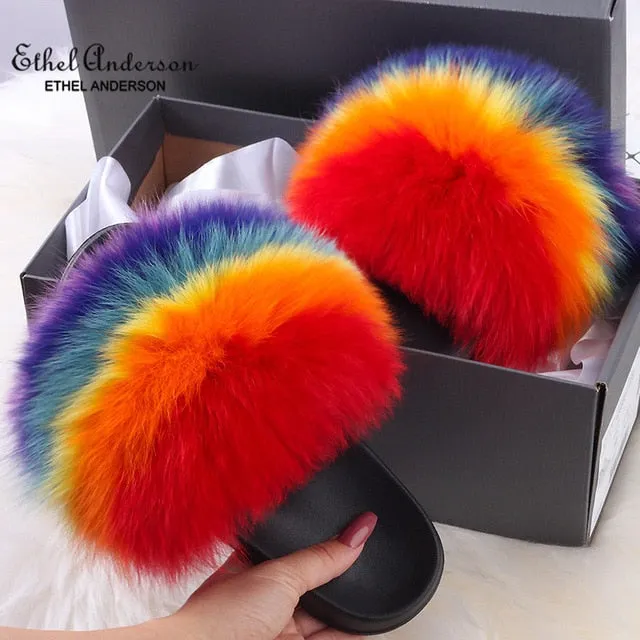 ETHEL ANERSON Real Fox Raccoon Fur Slippers Women's Fur Slides NEW Flip Flops beach plush fluffy furry designer slippers sandal Pickle Rick Slippers
