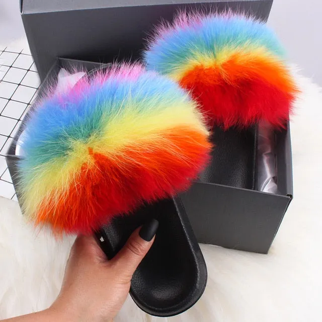 Best Inexpensive Slippers ETHEL ANERSON Real Fox Raccoon Fur Slippers Women's Fur Slides NEW Flip Flops beach plush fluffy furry designer slippers sandal
