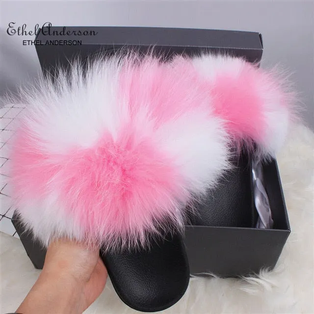 Lambswool Slippers ETHEL ANERSON Real Fox Raccoon Fur Slippers Women's Fur Slides NEW Flip Flops beach plush fluffy furry designer slippers sandal