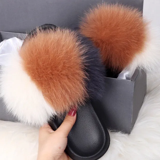 ETHEL ANERSON Real Fox Raccoon Fur Slippers Women's Fur Slides NEW Flip Flops beach plush fluffy furry designer slippers sandal Slippers With A Wedge Heel