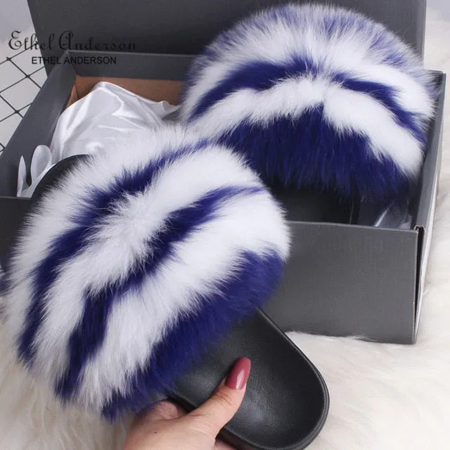 ETHEL ANERSON Real Fox Raccoon Fur Slippers Women's Fur Slides NEW Flip Flops beach plush fluffy furry designer slippers sandal Japanese Slippers Indoor