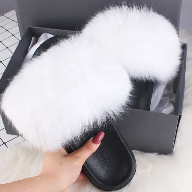 ETHEL ANERSON Real Fox Raccoon Fur Slippers Women's Fur Slides NEW Flip Flops beach plush fluffy furry designer slippers sandal Patricia Green Slippers