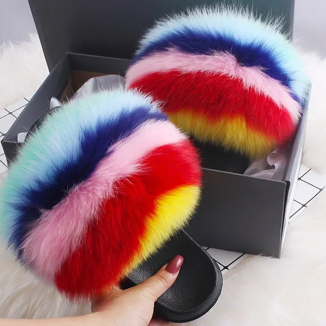 ETHEL ANERSON Real Fox Raccoon Fur Slippers Women's Fur Slides NEW Flip Flops beach plush fluffy furry designer slippers sandal D & G Slides
