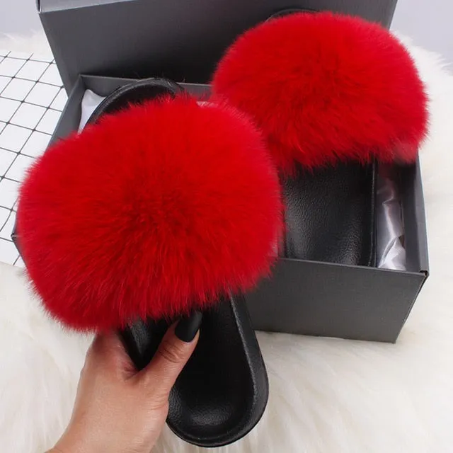 ETHEL ANERSON Real Fox Raccoon Fur Slippers Women's Fur Slides NEW Flip Flops beach plush fluffy furry designer slippers sandal Wedding Slippers Bulk
