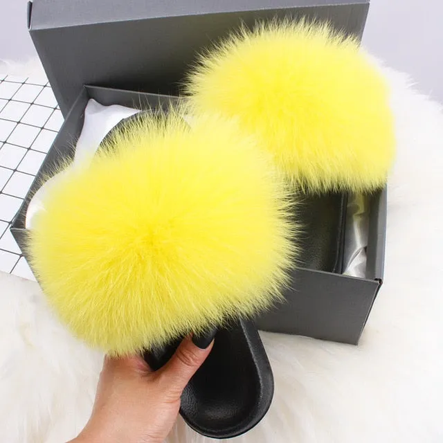 ETHEL ANERSON Real Fox Raccoon Fur Slippers Women's Fur Slides NEW Flip Flops beach plush fluffy furry designer slippers sandal Wing Slippers