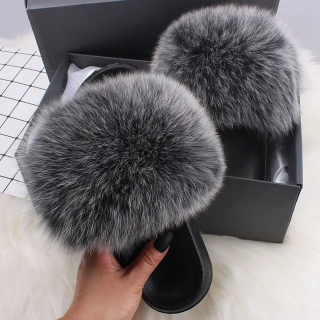 Classic Cozzzy Slippers ETHEL ANERSON Real Fox Raccoon Fur Slippers Women's Fur Slides NEW Flip Flops beach plush fluffy furry designer slippers sandal