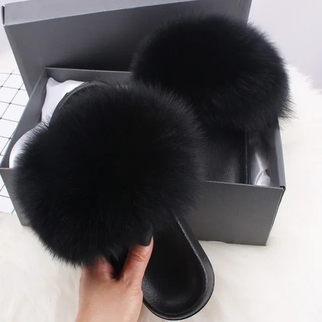 ETHEL ANERSON Real Fox Raccoon Fur Slippers Women's Fur Slides NEW Flip Flops beach plush fluffy furry designer slippers sandal Code For Bunny Slippers In Dti