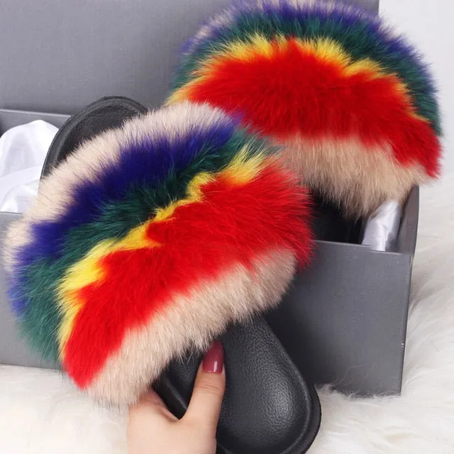 Slippers Open Now ETHEL ANERSON Real Fox Raccoon Fur Slippers Women's Fur Slides NEW Flip Flops beach plush fluffy furry designer slippers sandal