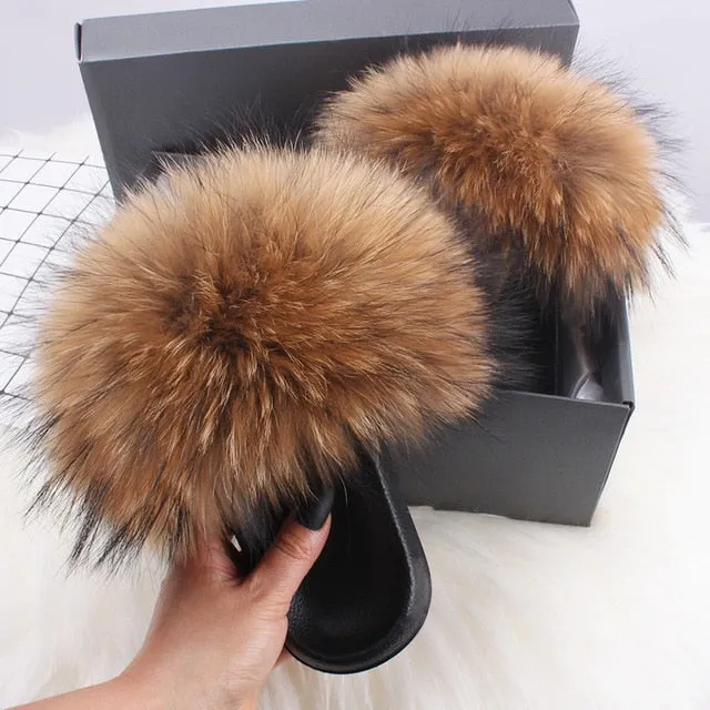 ETHEL ANERSON Real Fox Raccoon Fur Slippers Women's Fur Slides NEW Flip Flops beach plush fluffy furry designer slippers sandal Ugg Slippers